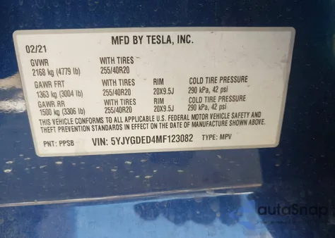 2021 Tesla Model Y Standard Range Rear-Wheel Drive from USA, damaged, VIN 5YJYGDED4MF123082